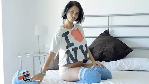 Teenage honey taunting with hefty innate globes and diminutive bum