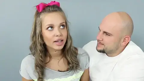 Platinum-Light-haired teenage with petite funbags talking to a hairless dude