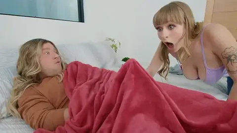 Groping herself while a dude is cuckold with a light-haired