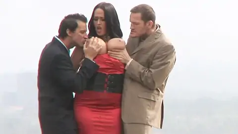 Curvy dark-haired with humungous udders in dominating three way outdoors