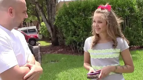 Towheaded teen with petite bosoms talking to a shaven fellow