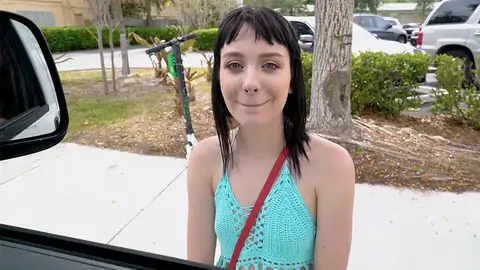 Ultra-Lovely teenager is showing her lil' funbags to the driver