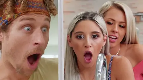 A man and two blondes are stashing from another twunk