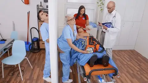 The ash-blond nurse sees a giant cum-shotgun at the glory slot