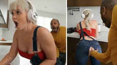 BIG BLACK COCK is humping curvy ash-blonde mega-bitch in the kitchen