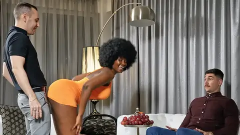 Ebony sweetie on her knees gives husband's boss a blow-job