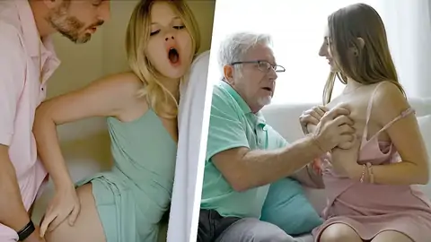 Step granddad and step-father screws teens with hair pulling
