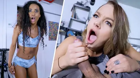 Dark-haired dark-hued spying on a boy getting a POINT OF VIEW oral job